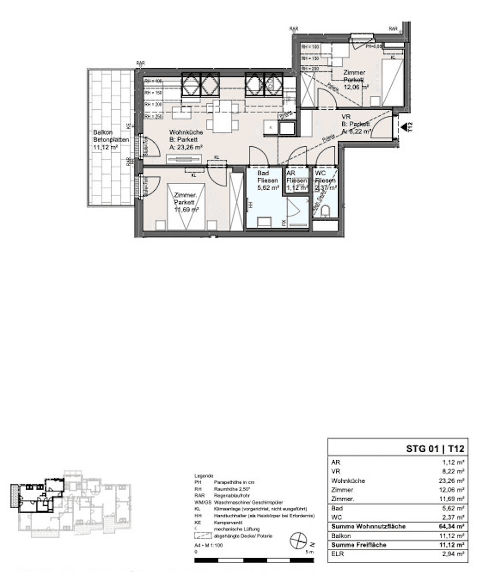 Detaillierter Grundriss einer Wohnung mit offener Wohnküche, zwei Zimmern, Bad, separatem WC und Balkon.