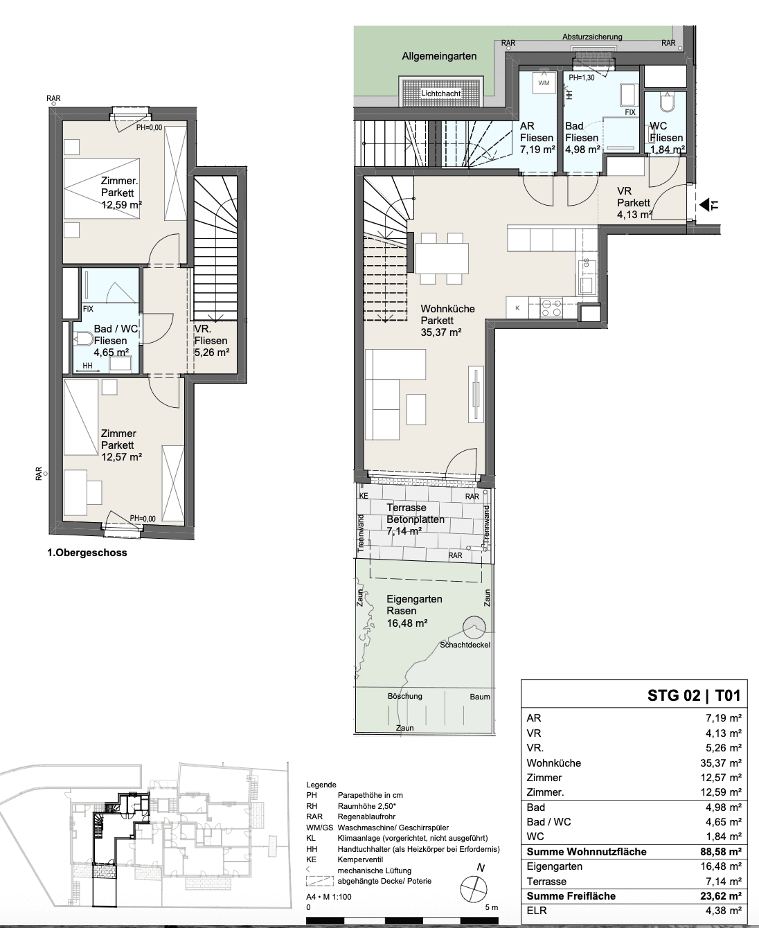 Grundriss einer Maisonette-Wohnung mit offener Wohnküche, zwei Schlafzimmern, Terrasse und privatem Garten.