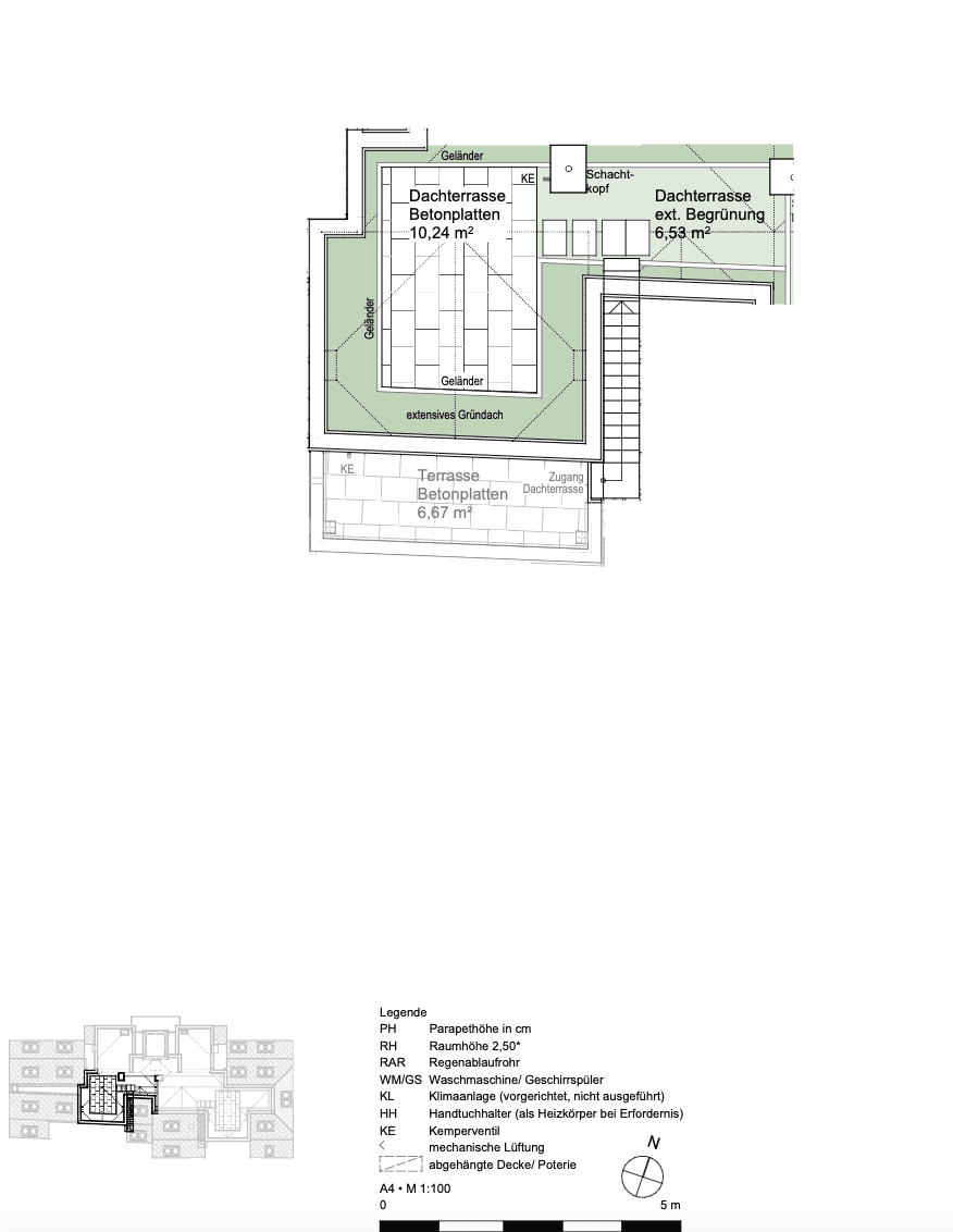 Grundriss der Dachterrasse mit Betonplatten und extensiver Begrünung sowie Zugang zur unteren Terrasse.
