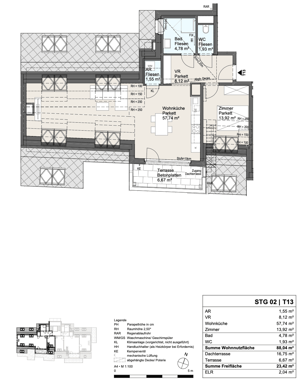 Detaillierter Grundriss einer Wohnung mit offenem Wohnküchenbereich, zwei Zimmern, Bad, WC und Terrasse.