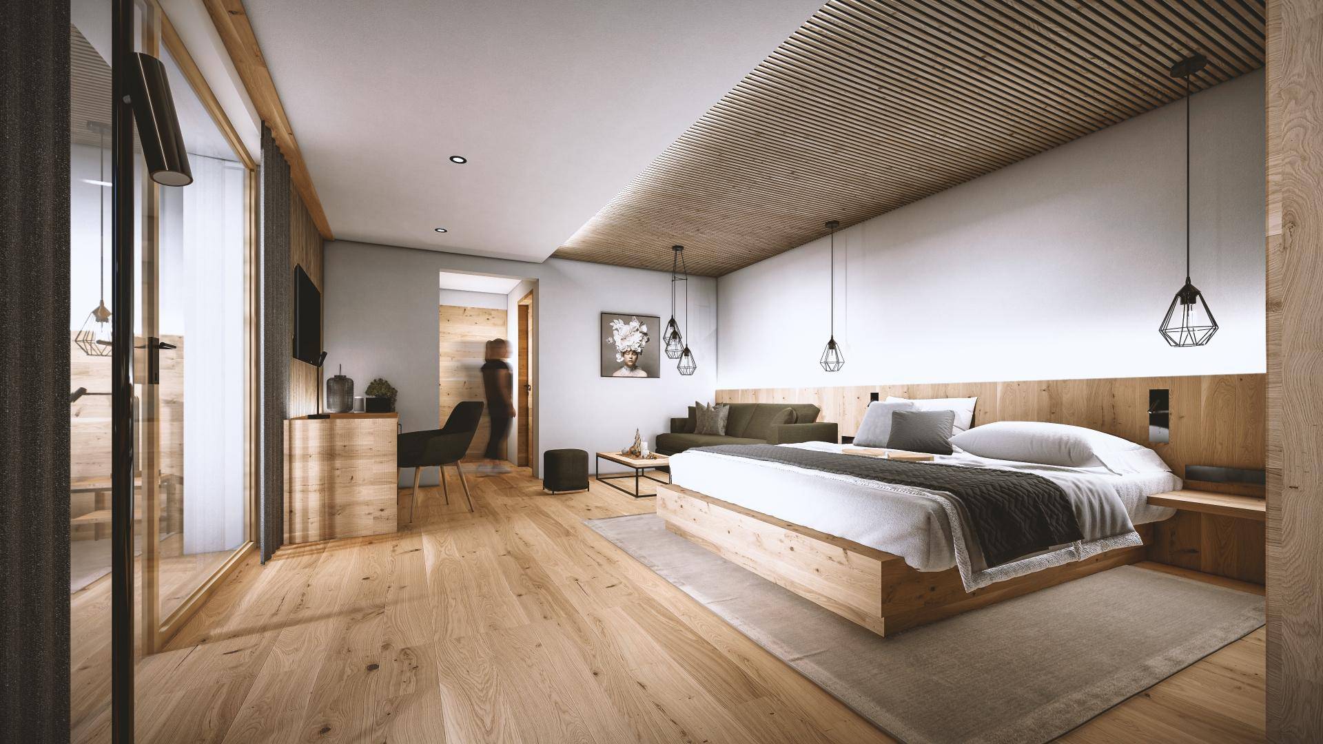 Helles Schlafzimmer mit Holzboden, modernen Möbeln und Zugang zu einem Außenbereich.