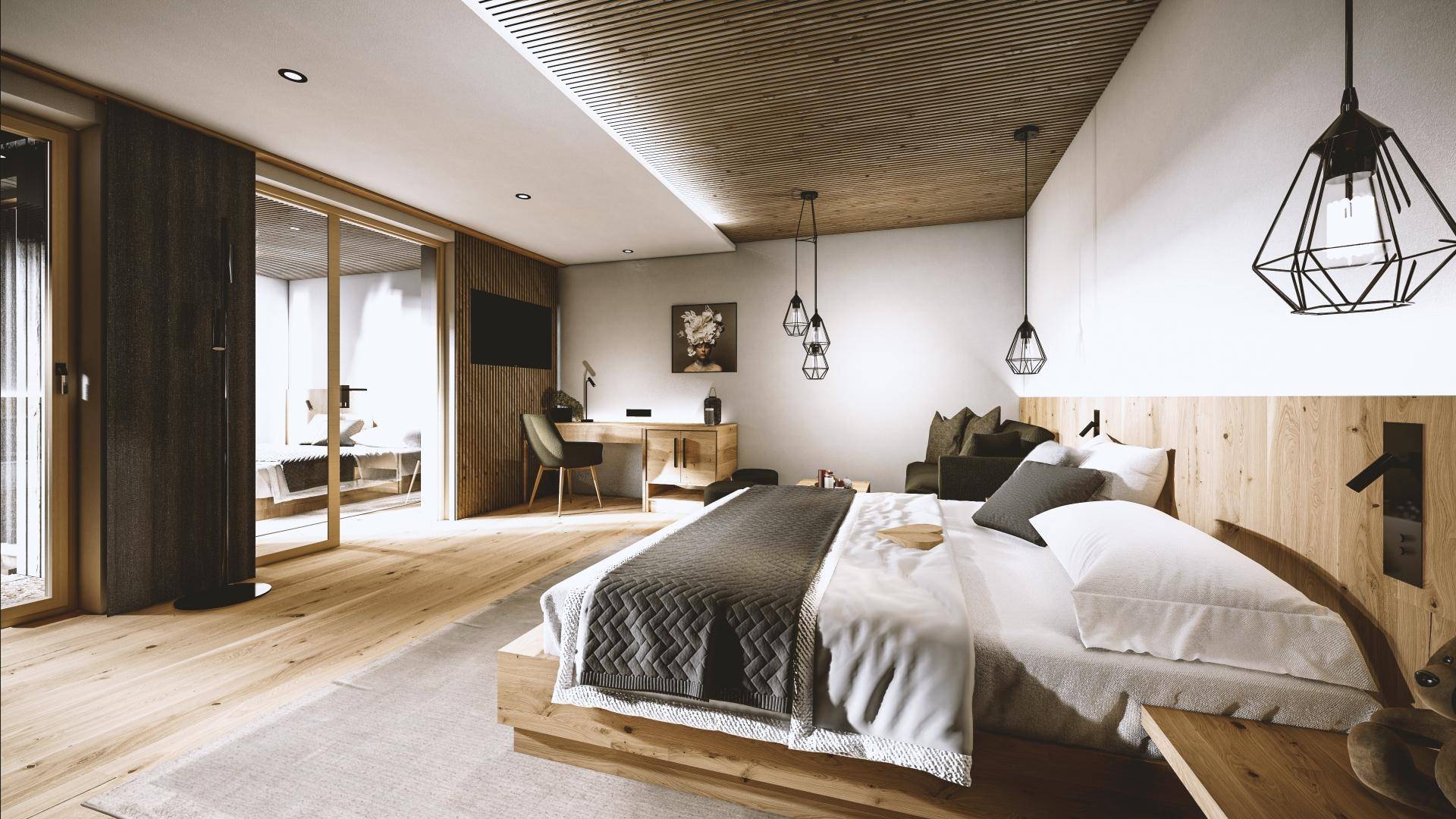 Modernes Schlafzimmer mit Holzelementen, großem Bett und einem Arbeitsbereich am Fenster.