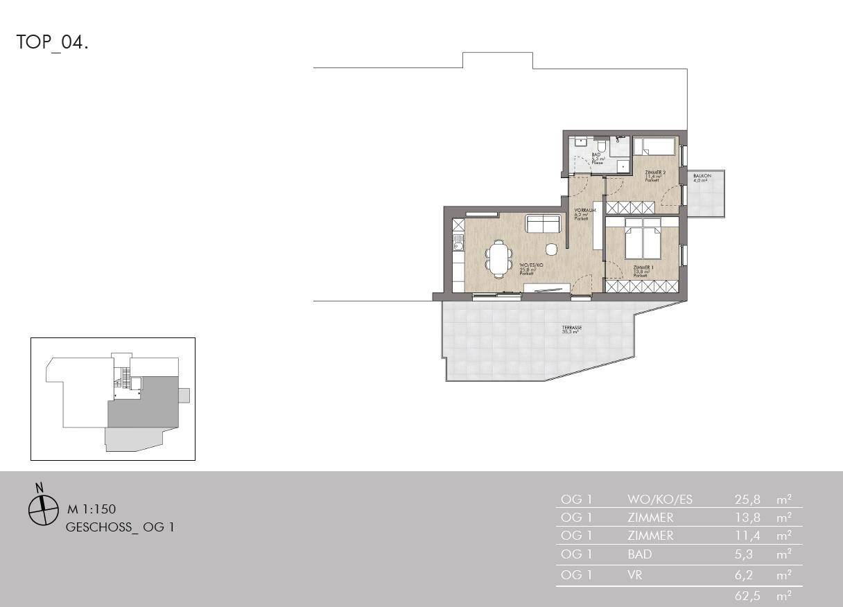 Grundriss der Wohnung TOP 04 mit Terrasse und Balkon, inklusive Raumgrößenangaben.