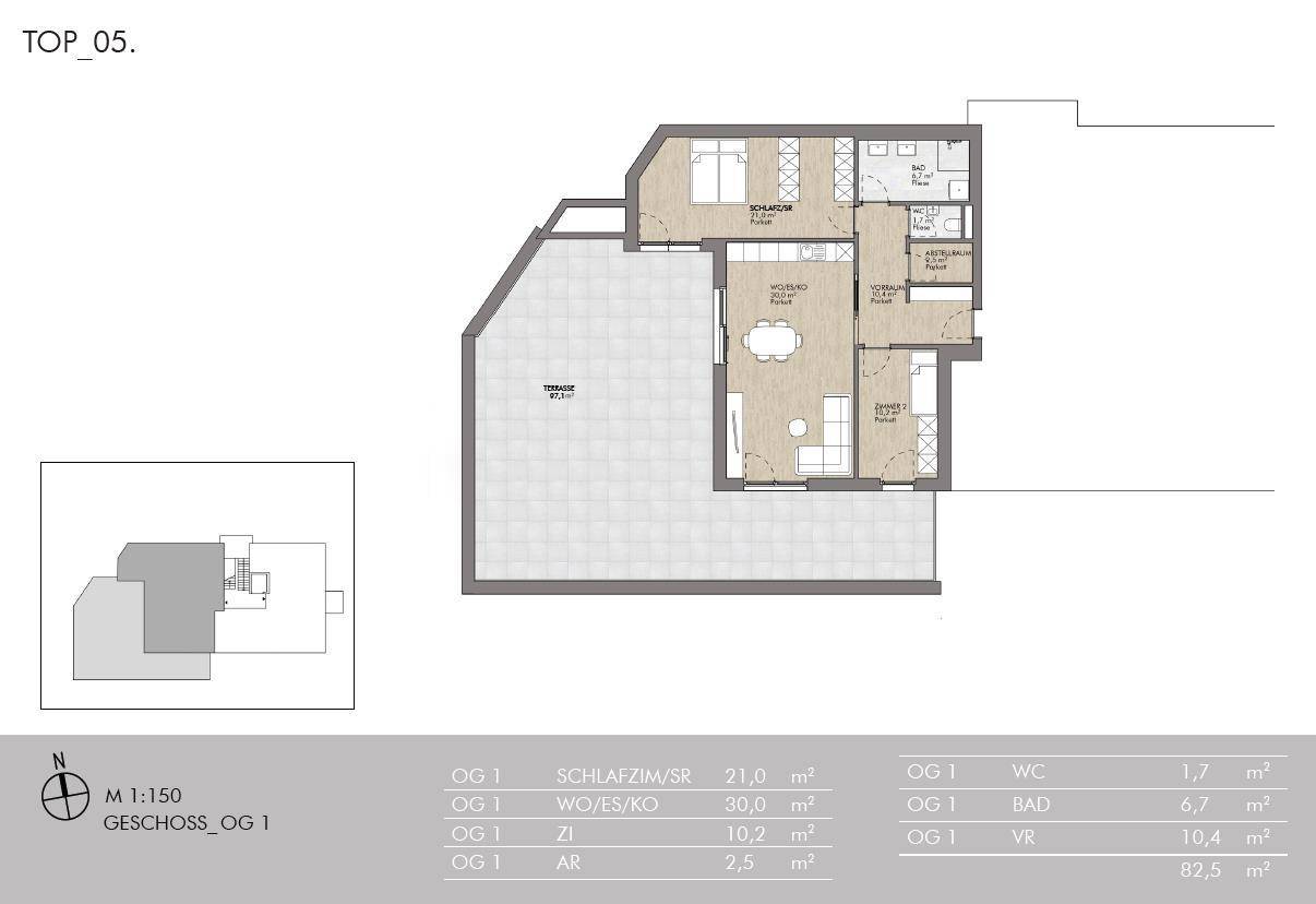 Grundriss der Wohnung TOP 05 im ersten Obergeschoss mit Terrasse und offenem Wohnbereich.