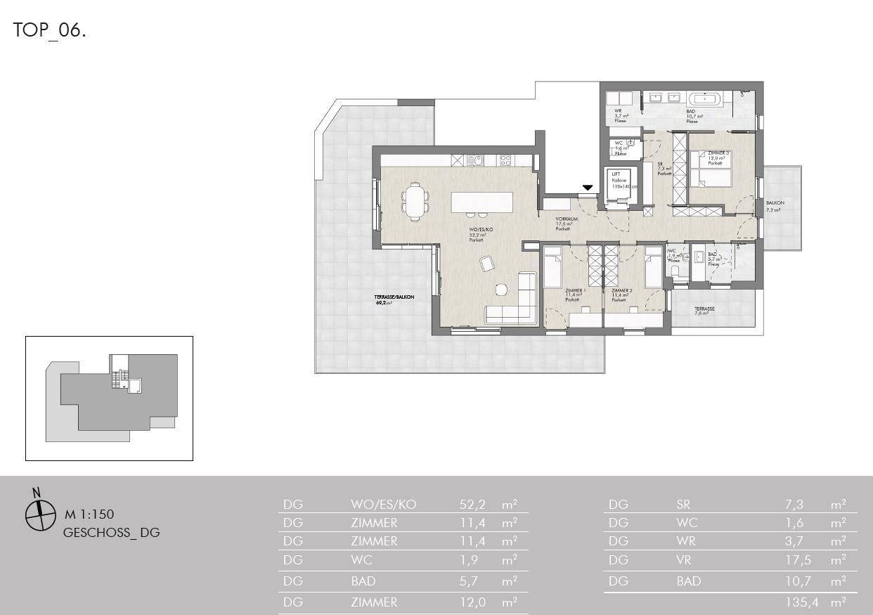 Detaillierter Grundriss der Wohnung TOP 06 mit Terrasse und Balkon.