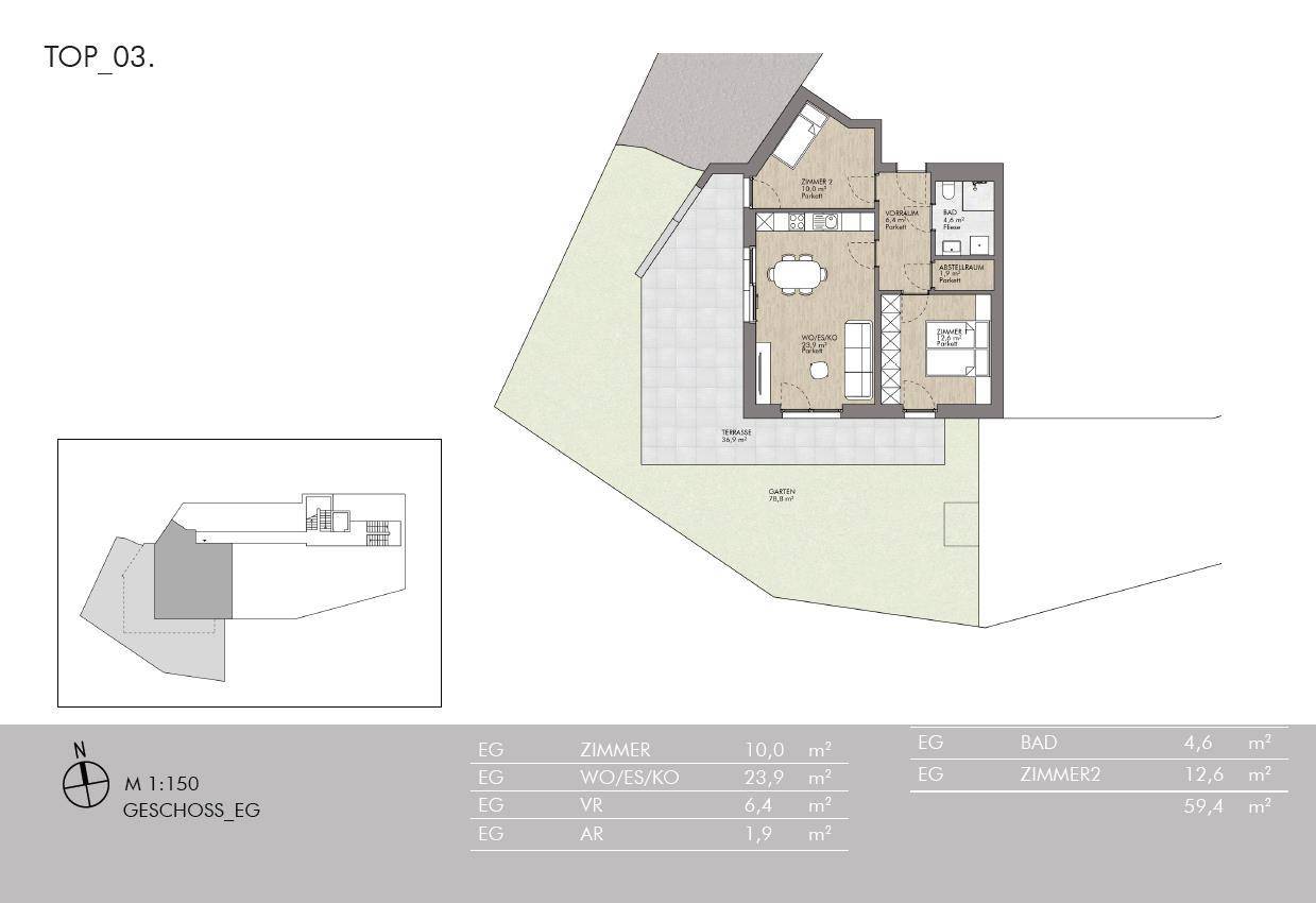 Detaillierter Grundriss der Wohnung TOP 03 mit Terrasse, Garten und klar definierten Wohnbereichen.