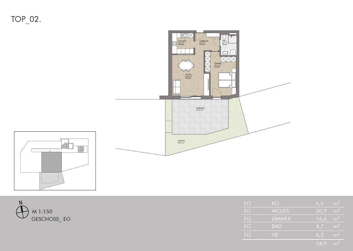 Detaillierter Grundriss der Erdgeschosswohnung mit direktem Zugang zu Terrasse und Gartenanteil.