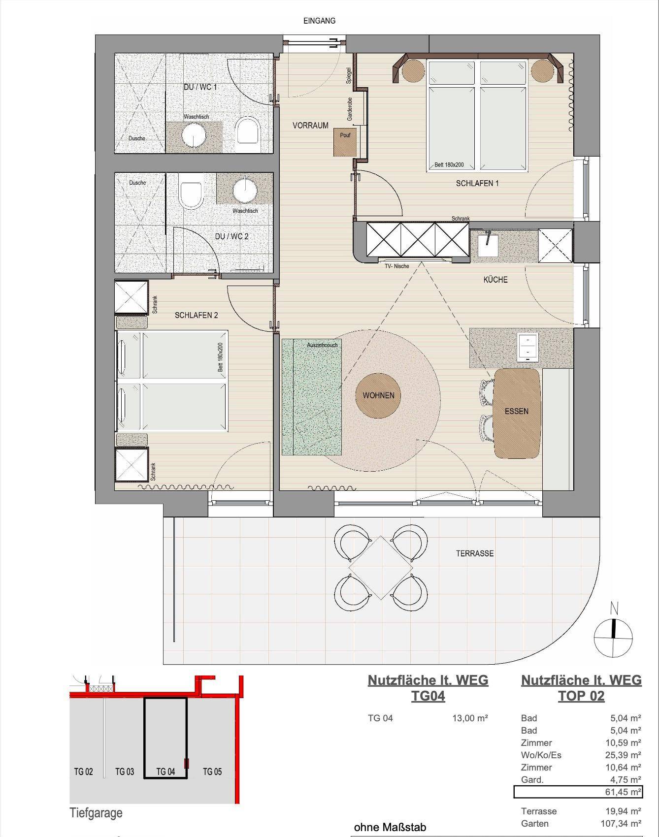 Grundriss einer Wohnung mit zwei Schlafzimmern, zwei Bädern und einer großzügigen Terrasse.