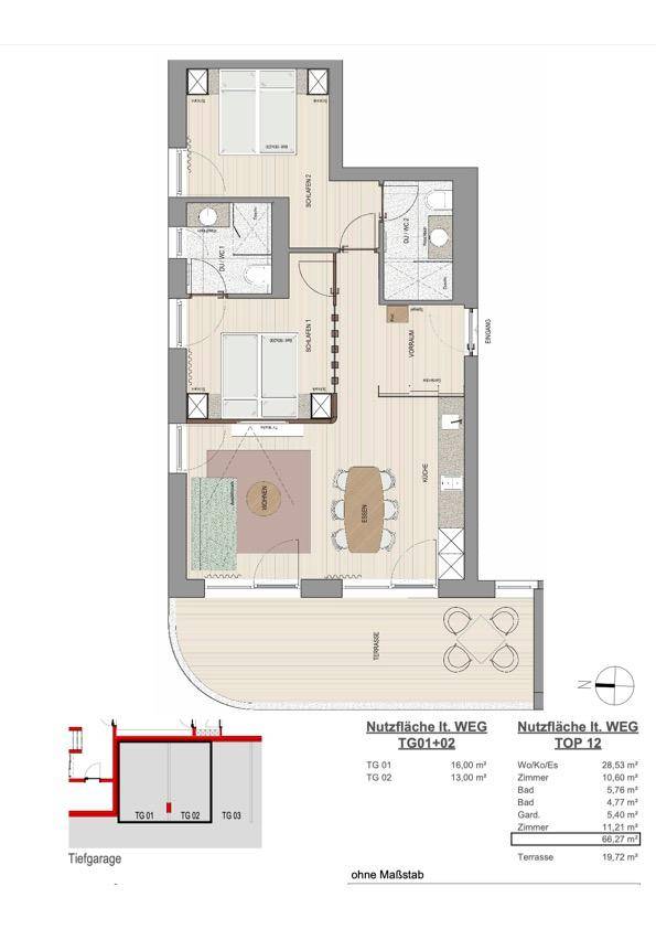 Grundriss einer Wohnung mit zwei Schlafzimmern, zwei Bädern und einer großzügigen Terrasse.