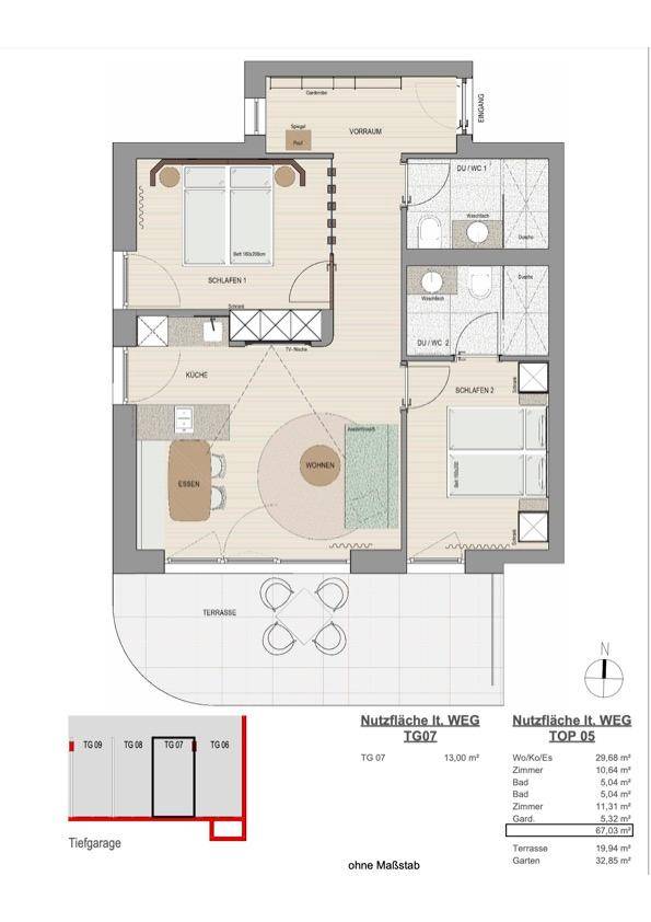 Grundriss einer Wohnung mit zwei Schlafzimmern, zwei Duschbädern und großer Terrasse.