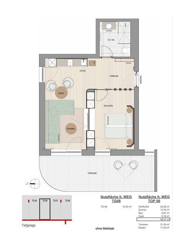 Grundriss einer Wohnung mit einem Schlafzimmer, offenem Wohnbereich und großer Terrasse.
