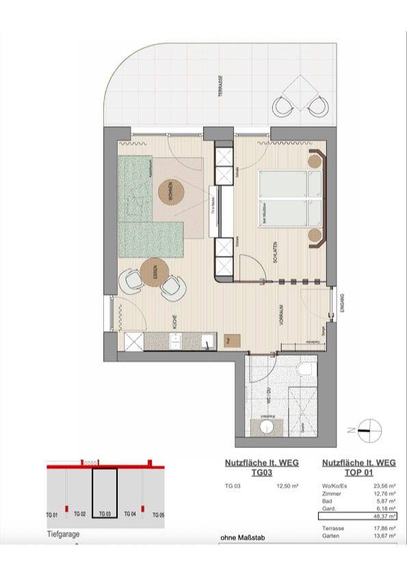 Grundriss einer Wohnung mit einem Schlafzimmer, offenem Wohnbereich und großer Terrasse.