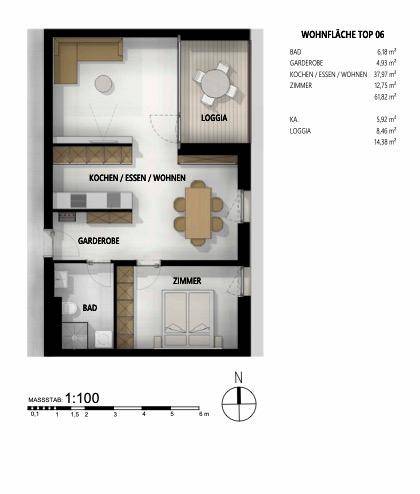 Grundriss einer Wohnung mit offenem Wohn-/Ess-/Kochbereich, Schlafzimmer, Bad und Loggia.