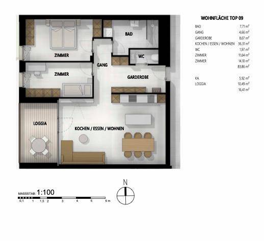 Detaillierter Grundriss der Wohnung Top 09 mit drei Zimmern, zwei Bädern und Loggia.