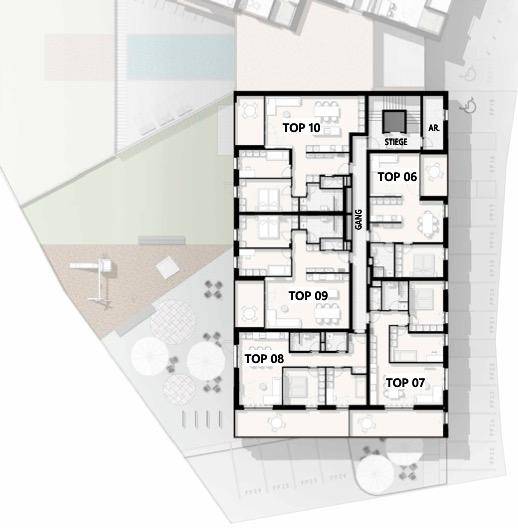 Grundriss einer Etage mit mehreren Wohneinheiten, umgeben von Grünflächen und einem Spielplatz.