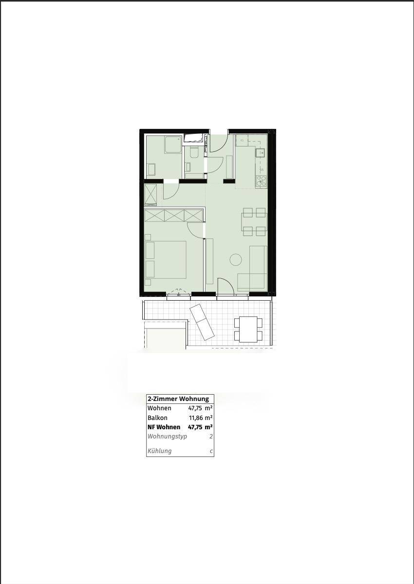 Grundriss einer 2-Zimmer-Wohnung mit Balkon und separatem Schlafzimmer.