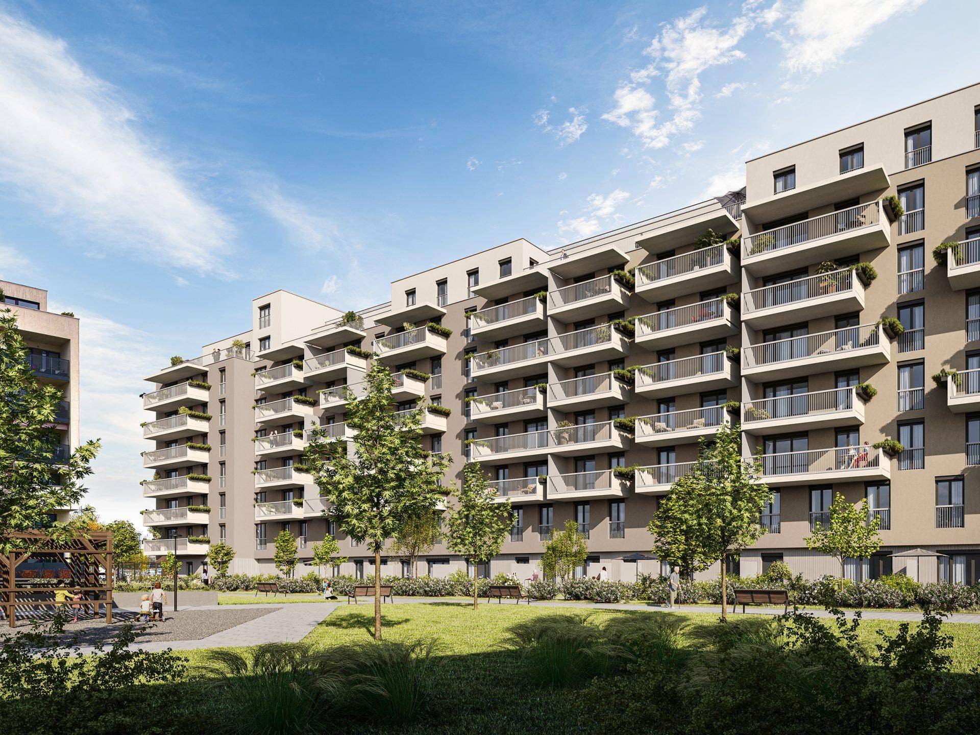 Moderne Wohngebäude mit zahlreichen Balkonen und einem begrünten Innenhof.