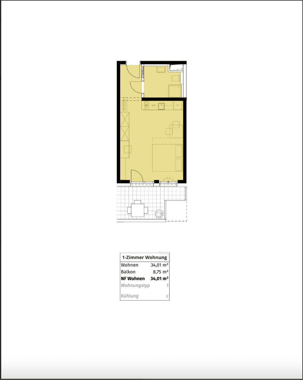 Grundriss einer 1-Zimmer-Wohnung mit Balkon und separatem Bad.