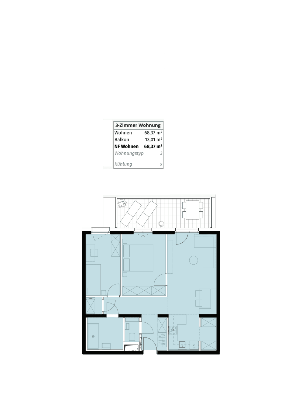 Grundriss einer 3-Zimmer-Wohnung mit Balkon und klarer Raumaufteilung.