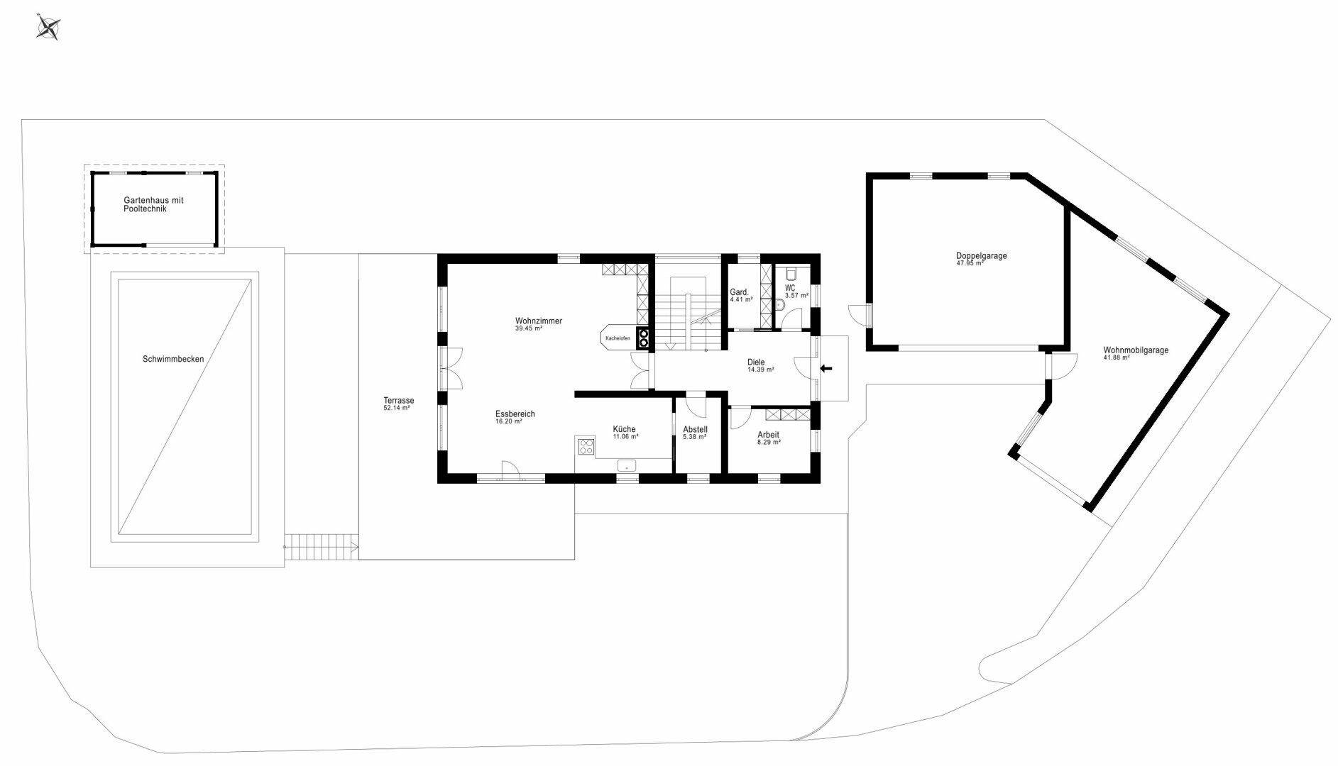 Grundriss des Erdgeschosses mit Wohnbereich, Küche, Büro, Doppelgarage und Pool.