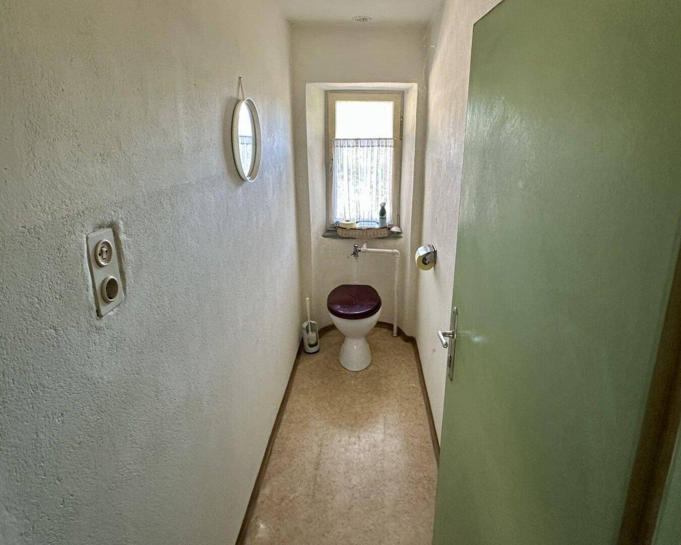 Kleines WC mit Toilette, Waschbecken und Fenster, einfach und funktional ausgestattet.