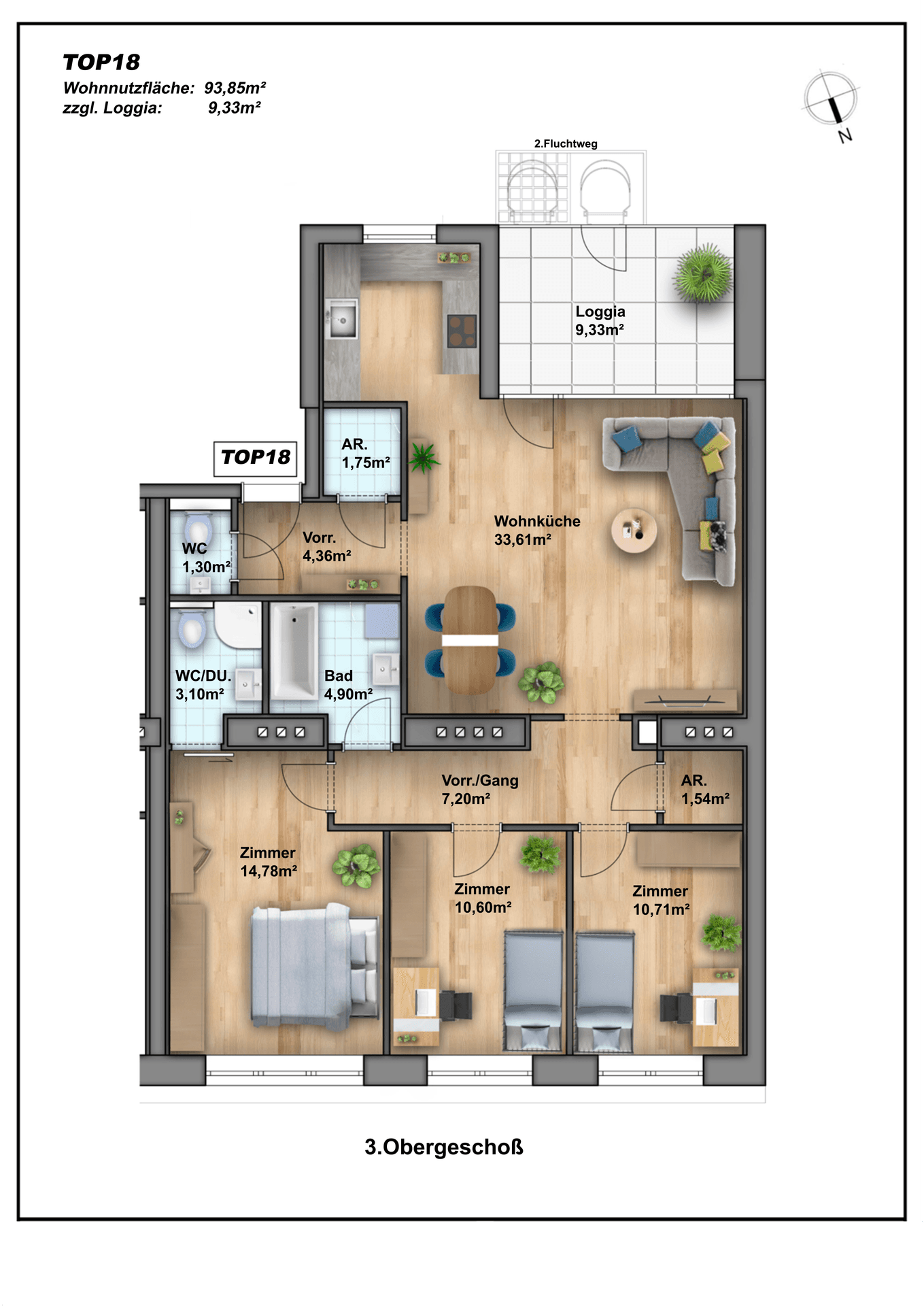 Detaillierter Grundriss einer Wohnung im 3. Obergeschoss mit Loggia und drei Zimmern.