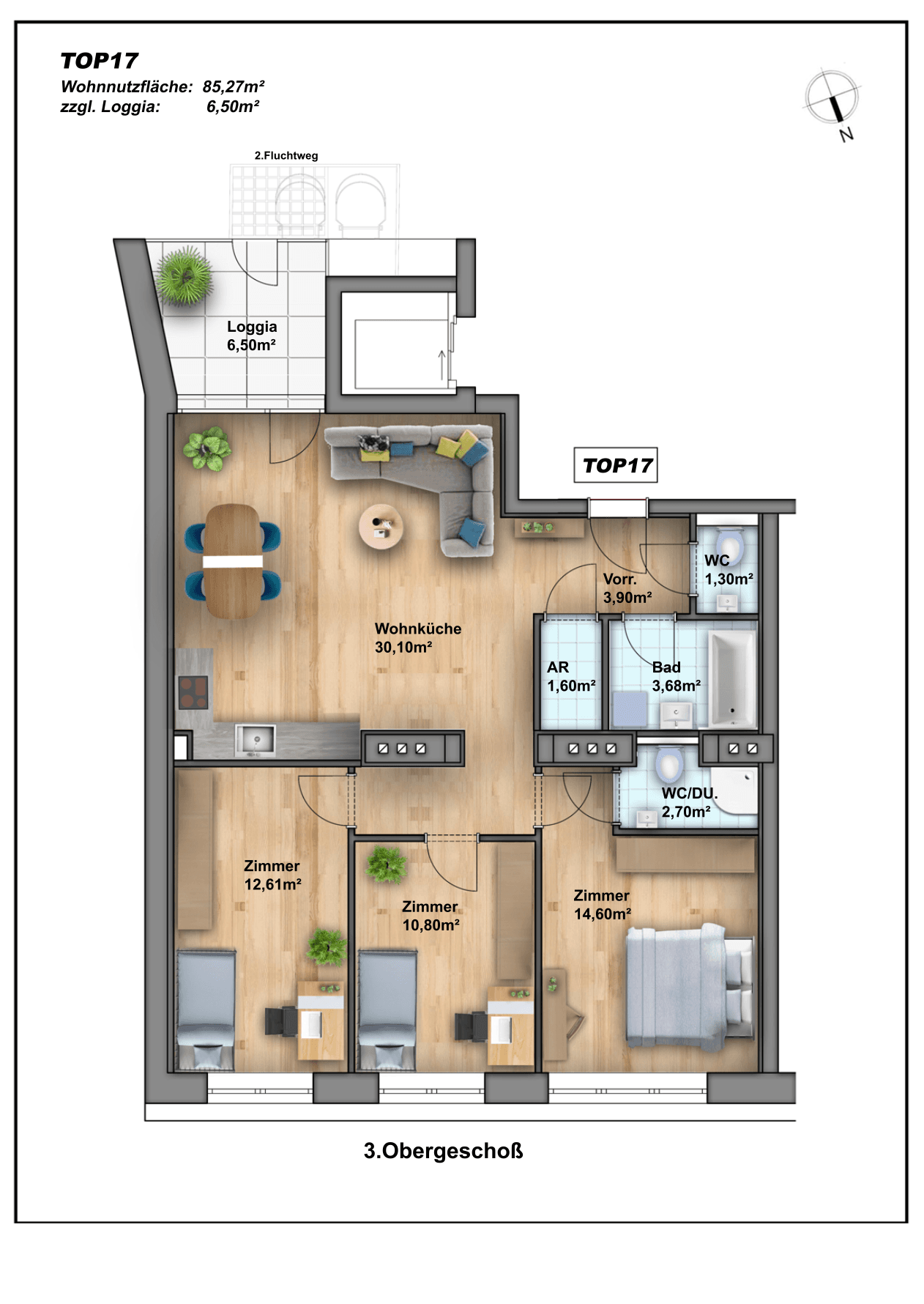 Grundriss der Wohnung TOP17 im 3. Obergeschoss mit offener Wohnküche und Loggia.