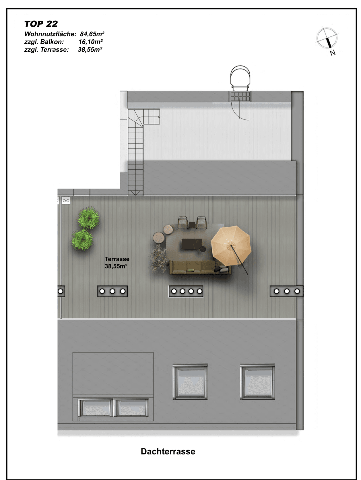 Grundriss der Dachterrasse mit Outdoor-Möbeln und Treppenzugang zur oberen Ebene.