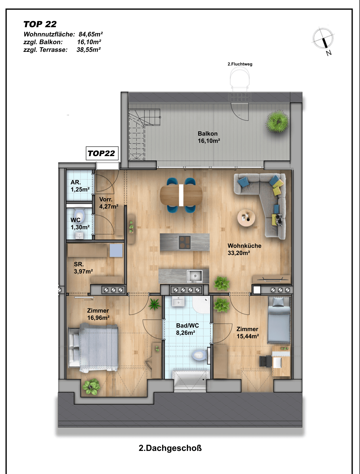 Detaillierter Grundriss der Dachgeschosswohnung TOP 22 mit offener Wohnküche und Balkon.
