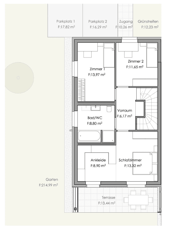 Grundriss des Obergeschosses mit Schlafzimmern, Ankleide und Badezimmer.