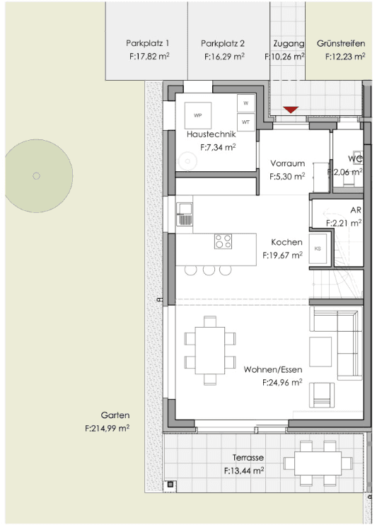 Grundriss des Erdgeschosses mit offener Küche, Wohn-Essbereich, Terrasse und Garten.