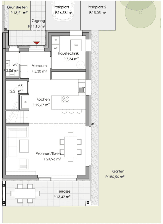 Grundriss des Erdgeschosses mit offenem Wohn-Essbereich, Küche und Terrasse zum Garten.