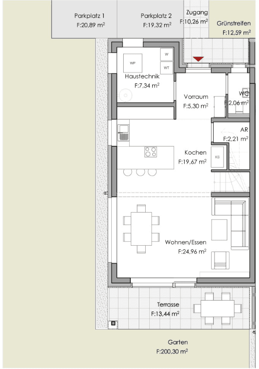 Grundriss des Erdgeschosses mit offener Küche, Wohn-Essbereich, Gäste-WC und direktem Zugang zur Terrasse und Garten.
