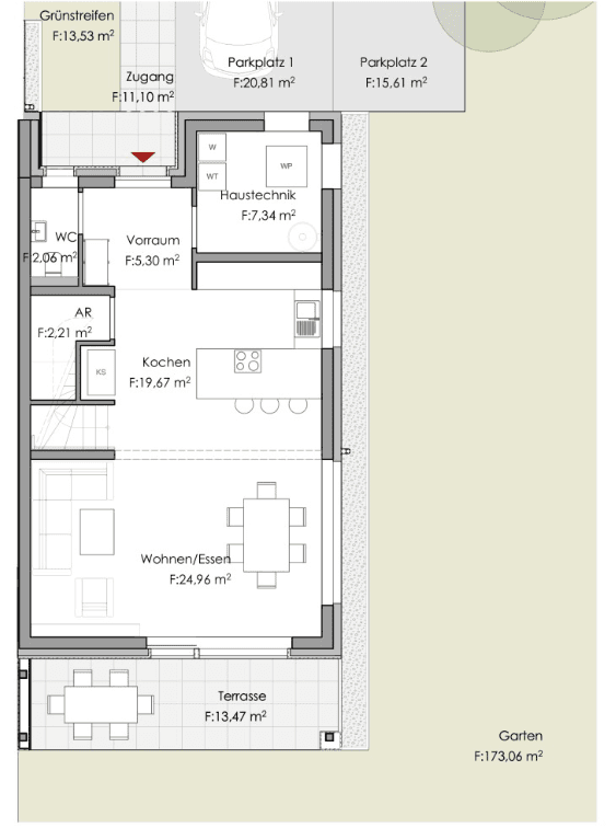 Grundriss des Erdgeschosses mit offener Küche, Wohn-Essbereich und Zugang zur Terrasse.