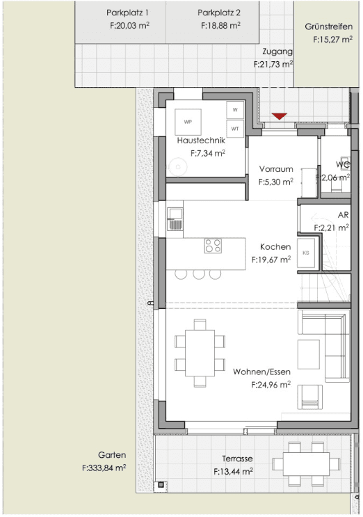 Grundriss des Erdgeschosses mit offener Küche, Wohn-Essbereich, Gäste-WC und Terrasse.