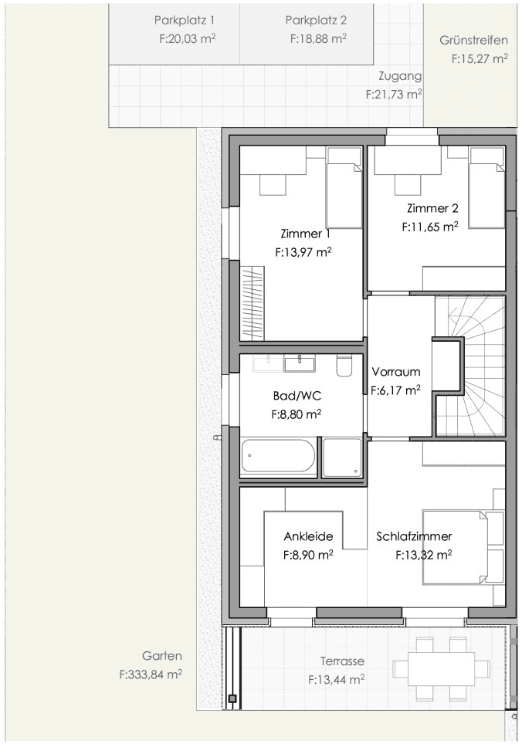 Grundriss des Obergeschosses mit Schlafzimmern, Bad, Ankleide und Zugang zur Terrasse.