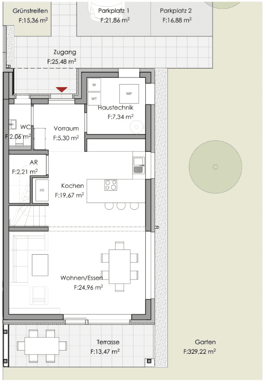 Grundriss des Erdgeschosses mit offener Küche, Wohn-Essbereich und Zugang zur Terrasse.