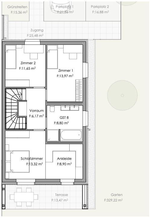 Grundriss des Obergeschosses mit Schlafzimmern, Ankleide und Badezimmer.