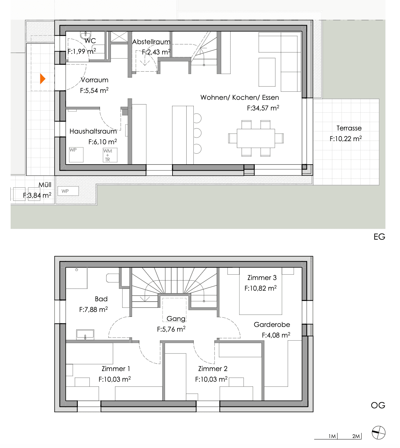 Grundrisspläne für Erdgeschoss und Obergeschoss mit Raumaufteilung und Flächenangaben.