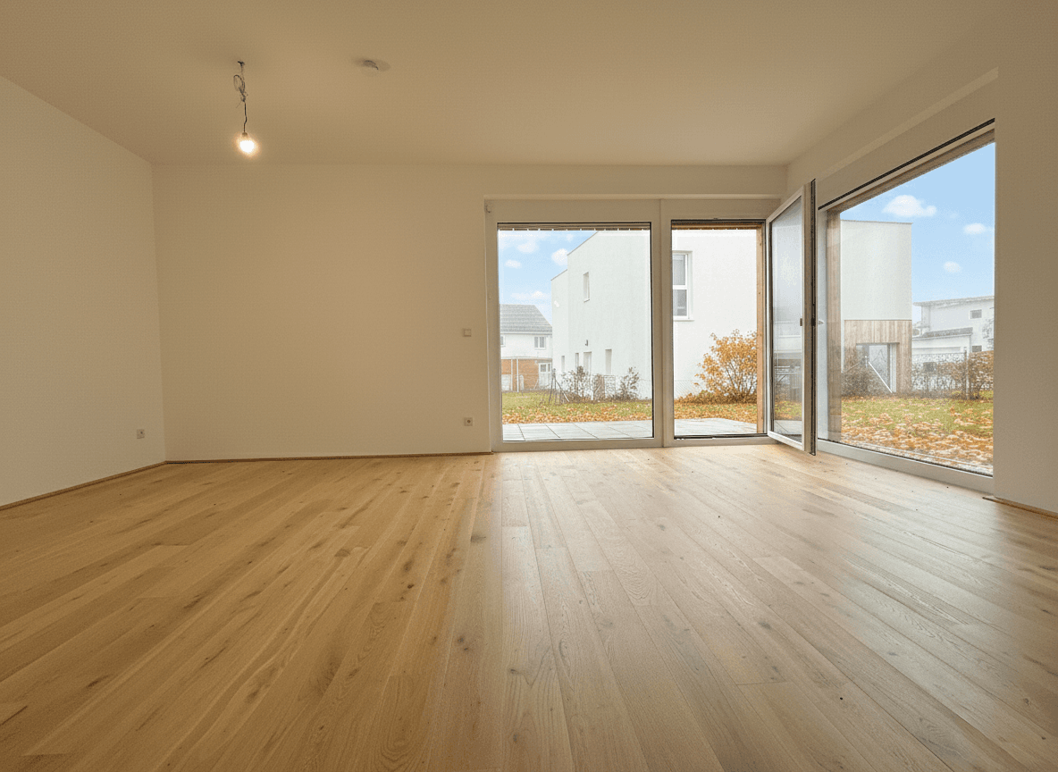 Heller Wohnbereich mit Eichenparkettboden und großen Fenstertüren zum Garten.
