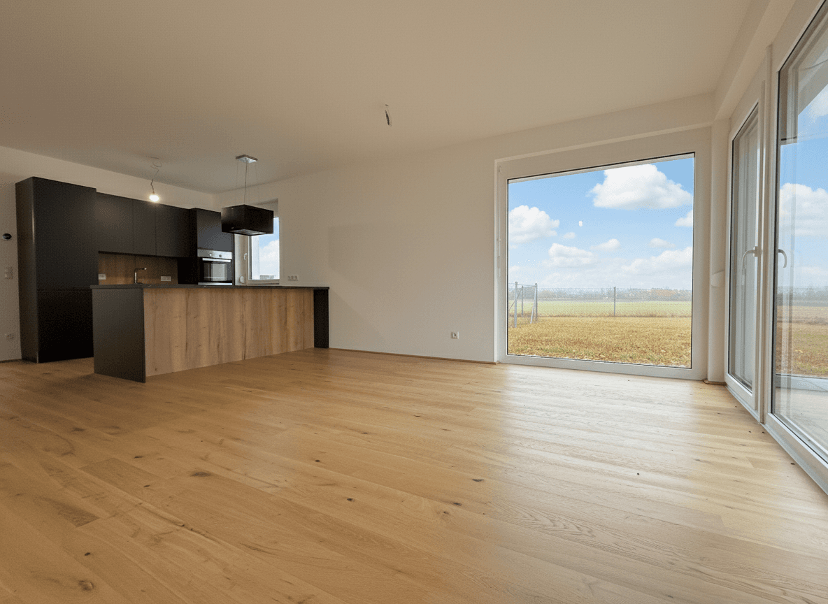 Heller offener Wohn- und Essbereich mit moderner Küche, Holzboden und weitem Ausblick.