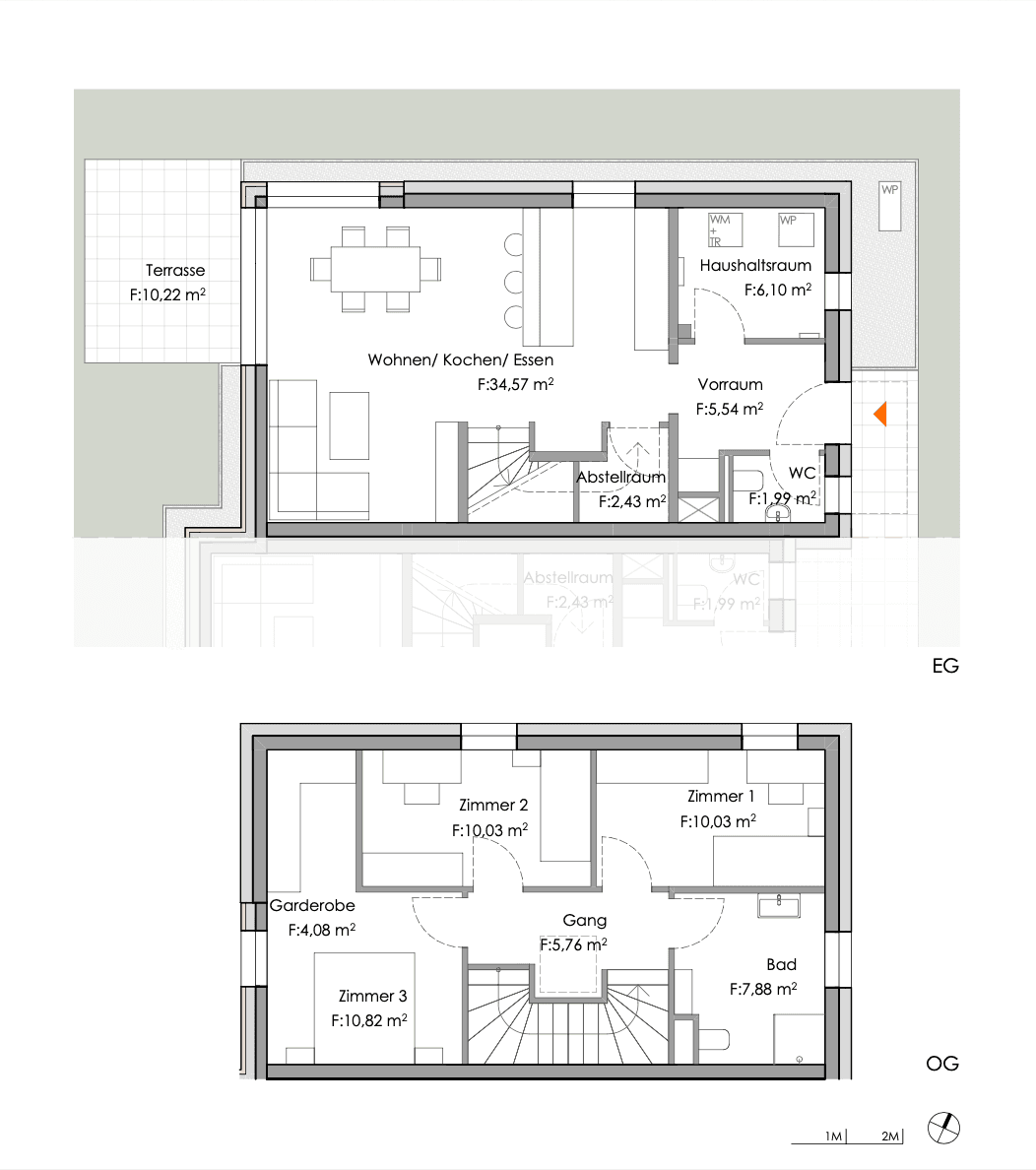 Grundrissplan zeigt Erdgeschoss und Obergeschoss mit offener Wohnküche und Terrasse.