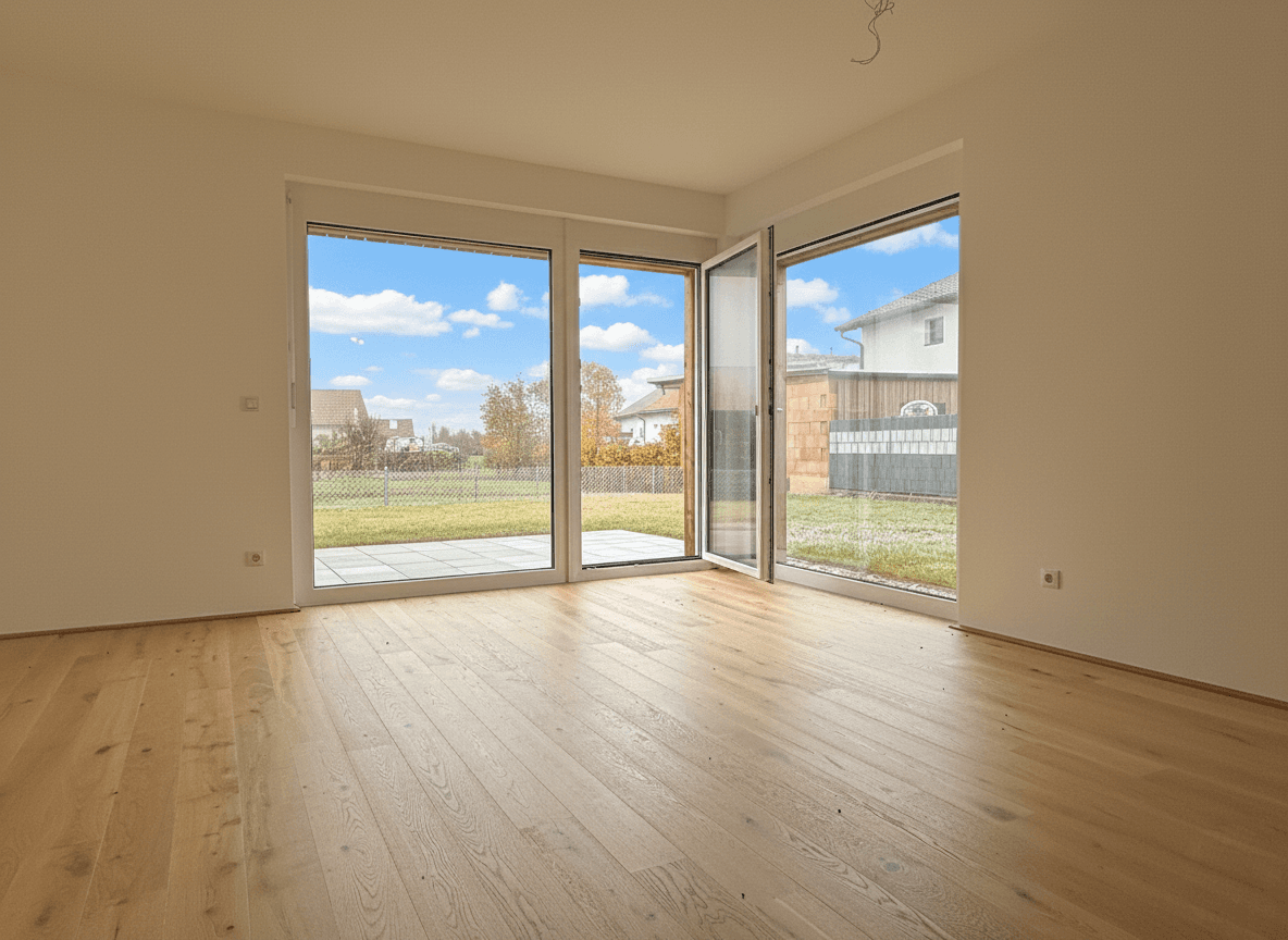 Heller Wohnraum mit Eichenparkettboden und großen Glasfenstern zum Garten.