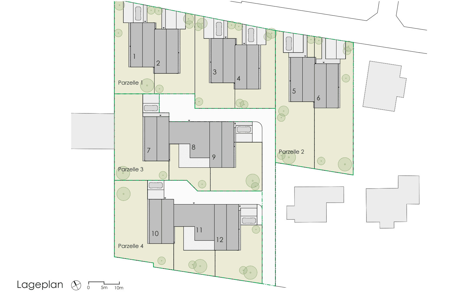 Lageplan der Wohnanlage mit mehreren Einfamilienhäusern, zugehörigen Gärten und Parkplätzen.