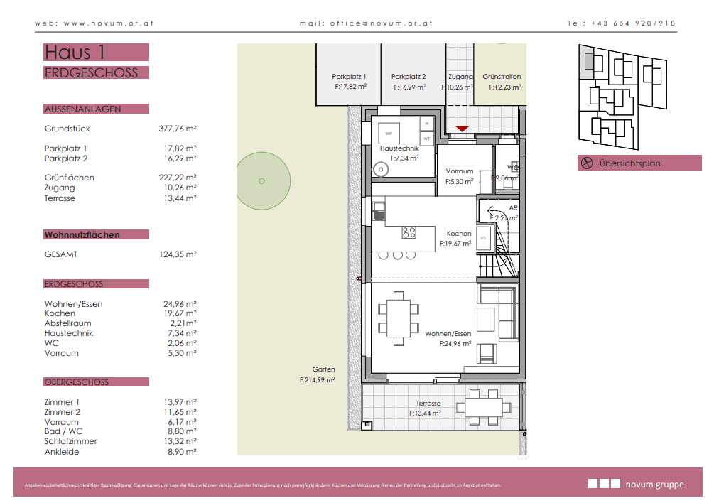 Grundriss des Erdgeschosses von Haus 1 mit offenem Wohn-Essbereich und Terrasse zum Garten.