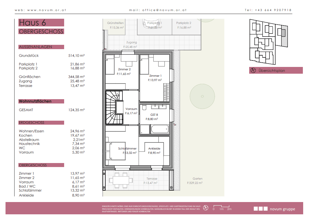 Grundriss des Obergeschosses von Haus 6 mit Schlafzimmern, Bad und Ankleidebereich sowie Terrasse.