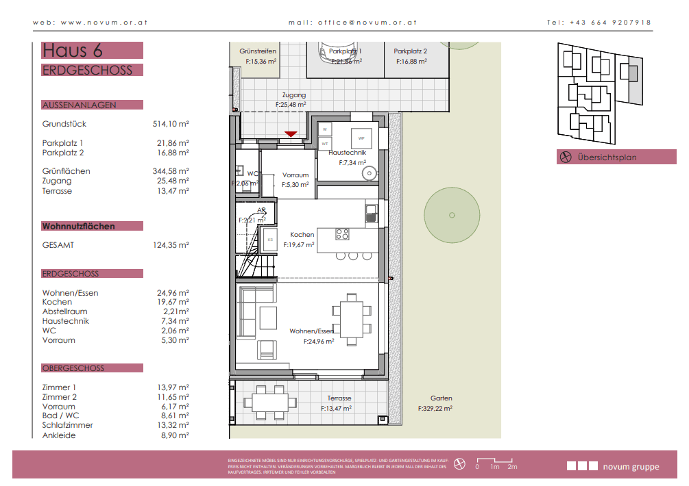 Grundriss des Erdgeschosses von Haus 6 mit offener Küche, Wohn-Essbereich und Terrasse zum Garten.
