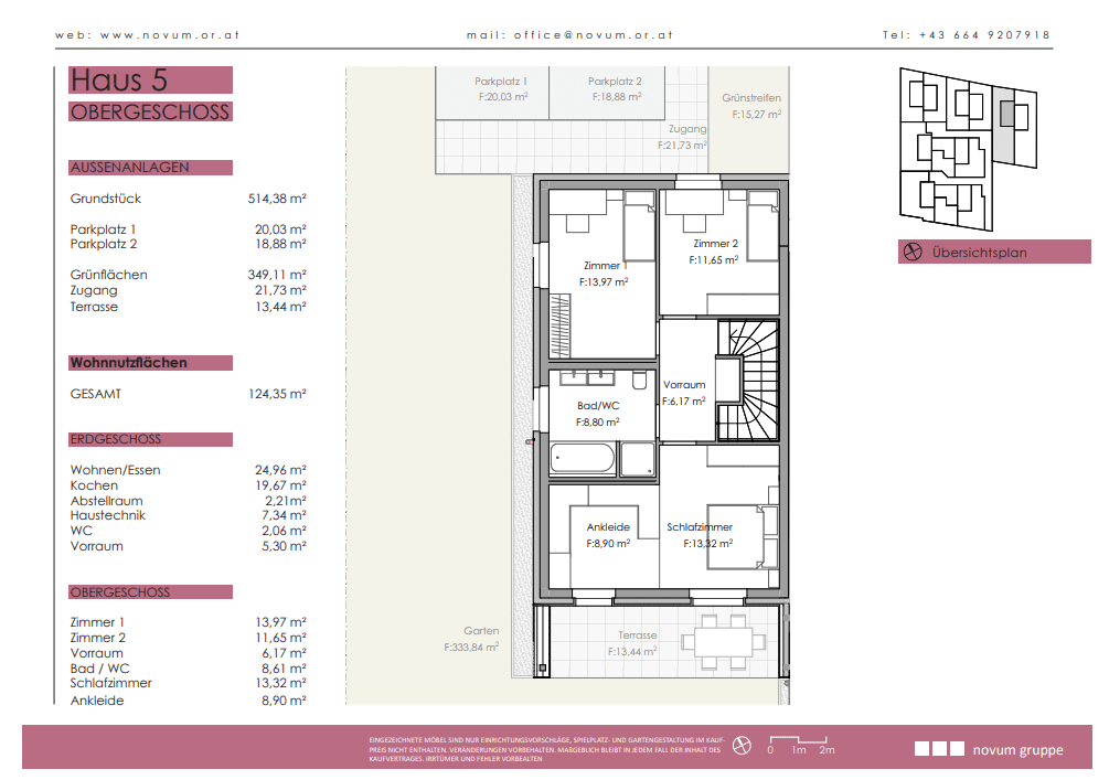 Grundriss des Obergeschosses von Haus 5 mit Schlafzimmern, Bad und Ankleidebereich sowie Terrasse.