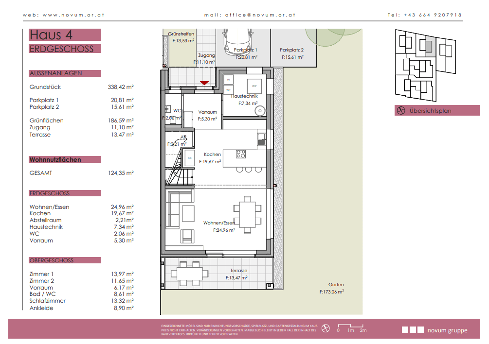 Grundriss des Erdgeschosses von Haus 4 mit offener Küche, Wohn-Essbereich und Terrasse zum Garten.