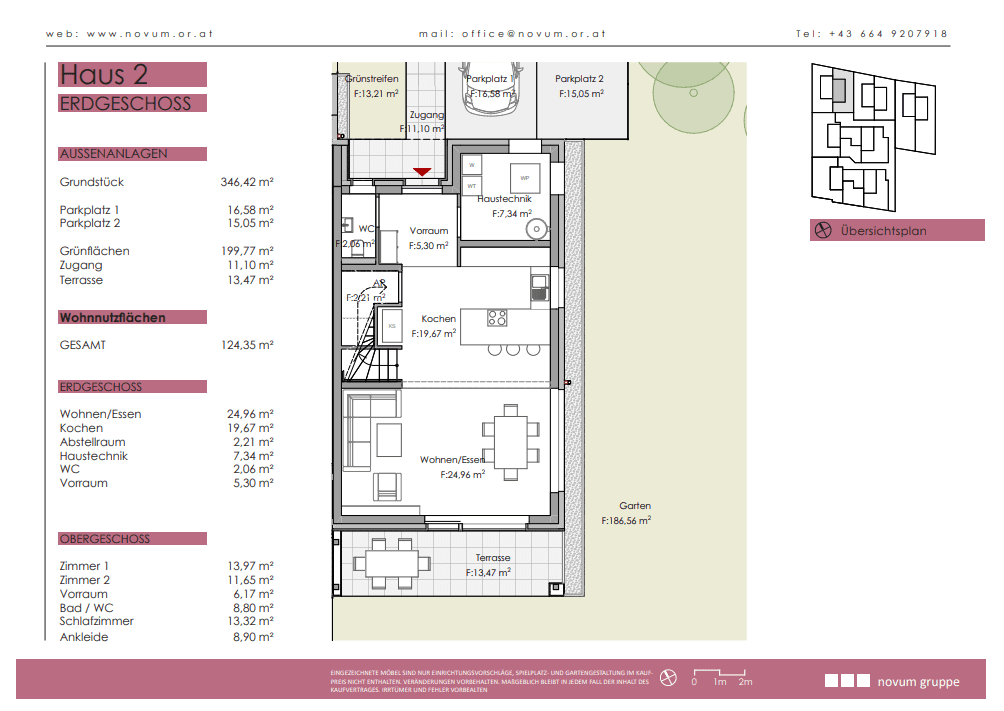 Grundriss des Erdgeschosses von Haus 2 mit offener Küche, Wohn-Essbereich und Gartenzugang.
